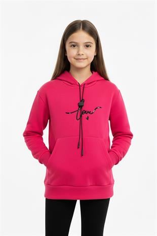 Kapşonlu Love Baskılı Kanguru Cepli Kız Çocuk Sweatshirt