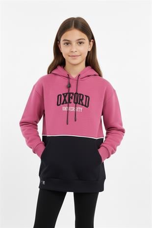 Kapşonlu Oxford Baskılı Kanguru Cepli Kız Çocuk Sweatshirt