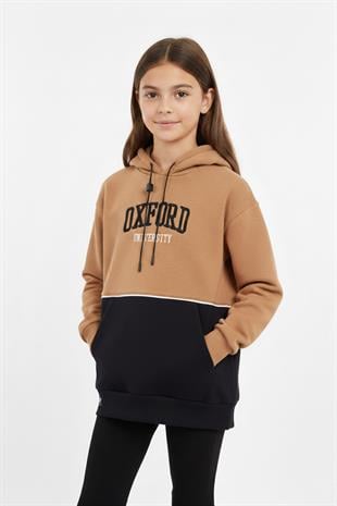 Kapşonlu Oxford Baskılı Kanguru Cepli Kız Çocuk Sweatshirt