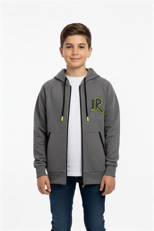 Kapüşonlu Fermuarlı Yandan Cepli Baskılı %100 Pamuk 2 İplik Mevsimlik Erkek Çocuk Sweatshirt