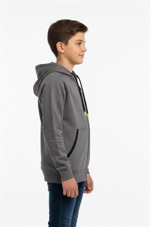 Kapüşonlu Fermuarlı Yandan Cepli Baskılı %100 Pamuk 2 İplik Mevsimlik Erkek Çocuk Sweatshirt