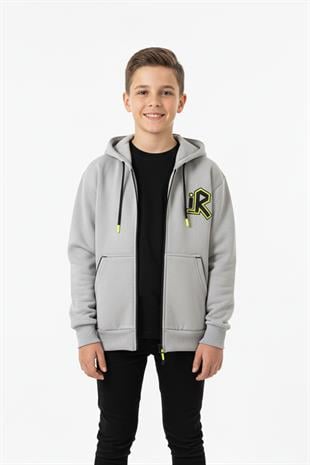Kapüşonlu Fermuarlı Yandan Cepli Baskılı %100 Pamuk 2 İplik Mevsimlik Erkek Çocuk Sweatshirt