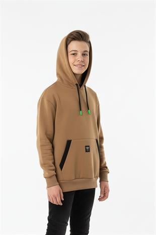 Kapüşonlu Kanguru Cepli Detaylı Şardonlu 100% Pamuk 3 İplik Erkek Çocuk Sweatshirt