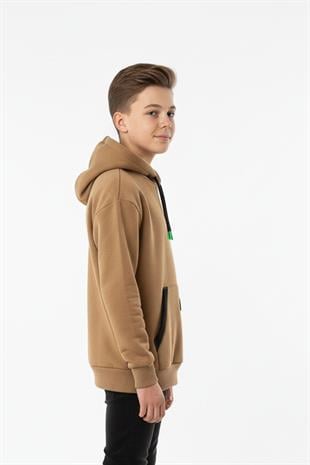 Kapüşonlu Kanguru Cepli Detaylı Şardonlu 100% Pamuk 3 İplik Erkek Çocuk Sweatshirt