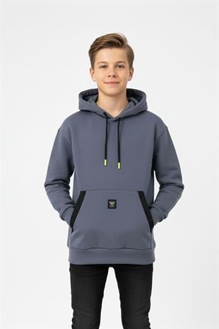 Kapüşonlu Kanguru Cepli Detaylı Şardonlu 100% Pamuk 3 İplik Erkek Çocuk Sweatshirt