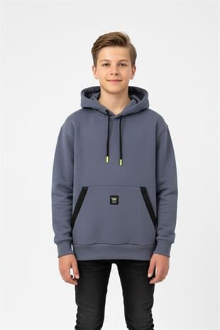 Kapüşonlu Kanguru Cepli Detaylı Şardonlu 100% Pamuk 3 İplik Erkek Çocuk Sweatshirt