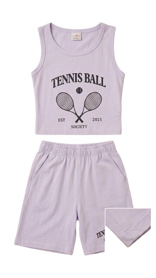 Kız takım Çocuk Sıfır Kol LİLA  Tennis baskılı Kız Takım 