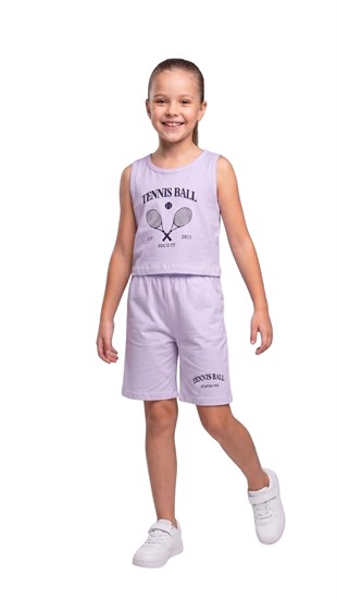 Kız takım Çocuk Sıfır Kol LİLA  Tennis baskılı Kız Takım 