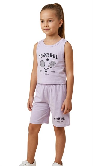 Kız takım Çocuk Sıfır Kol LİLA  Tennis baskılı Kız Takım 