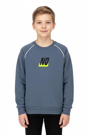 No Baskılı Kapşonsuz Rahat İndigo Renk Erkek Çocuk Sweatshirt