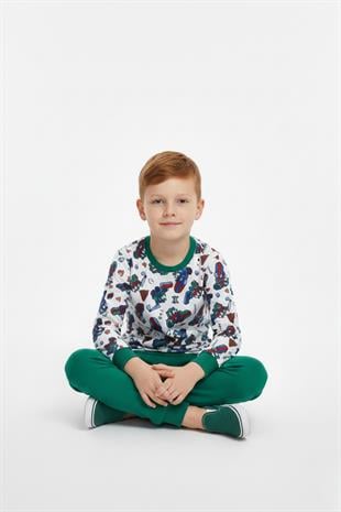 Traktör ve İş Makinesi Desenli Uzun Kollu Mevsimlik Erkek Çocuk Pamuk Pijama Takımı