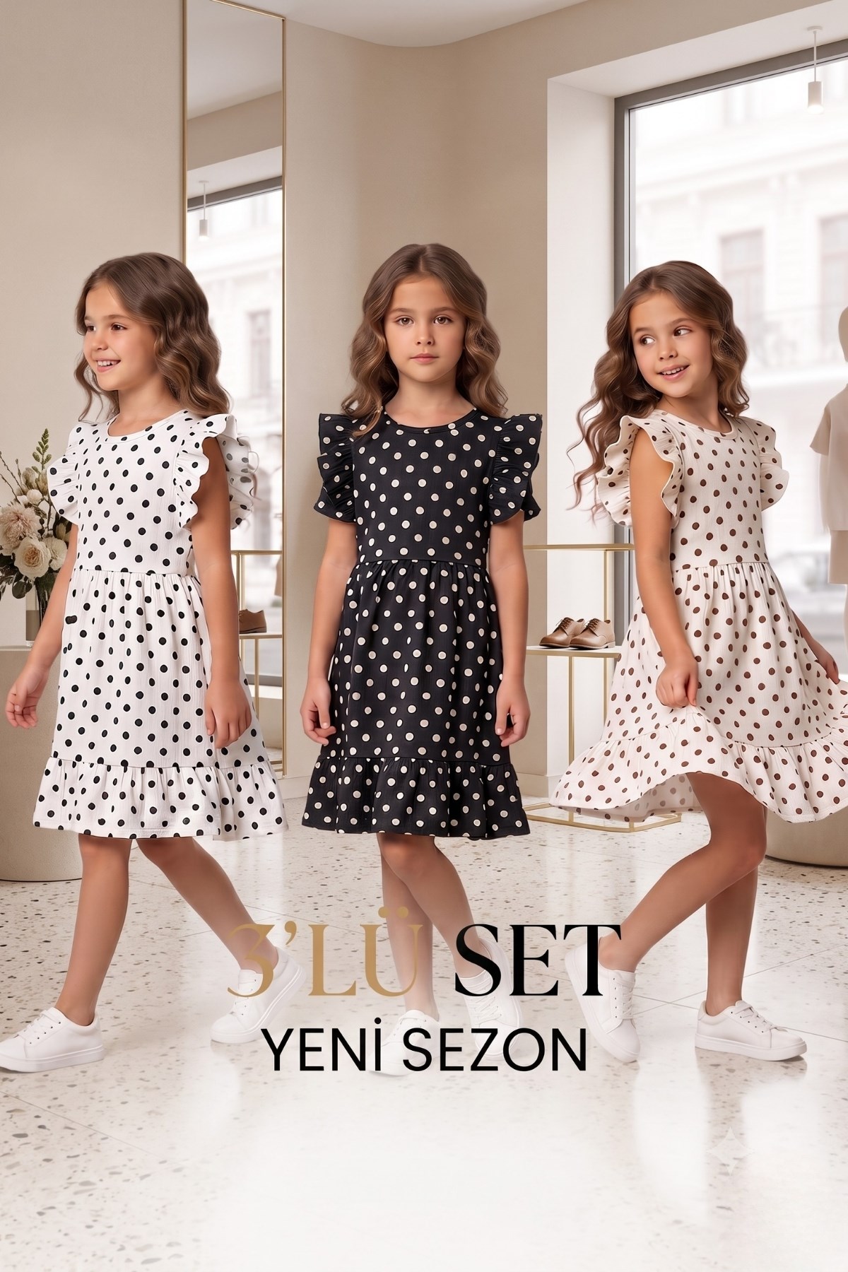 3 LÜ SET Kız Çocuk Elbise 3 ADET PUANTİYELİ   YENİ SEZON YAZLIK 