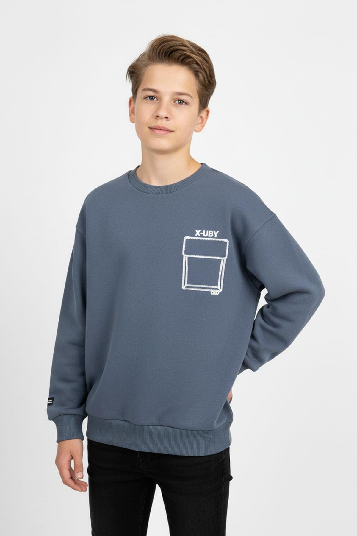 Baskı Detaylı Bisiklet Yaka Erkek Çocuk Sweatshirt