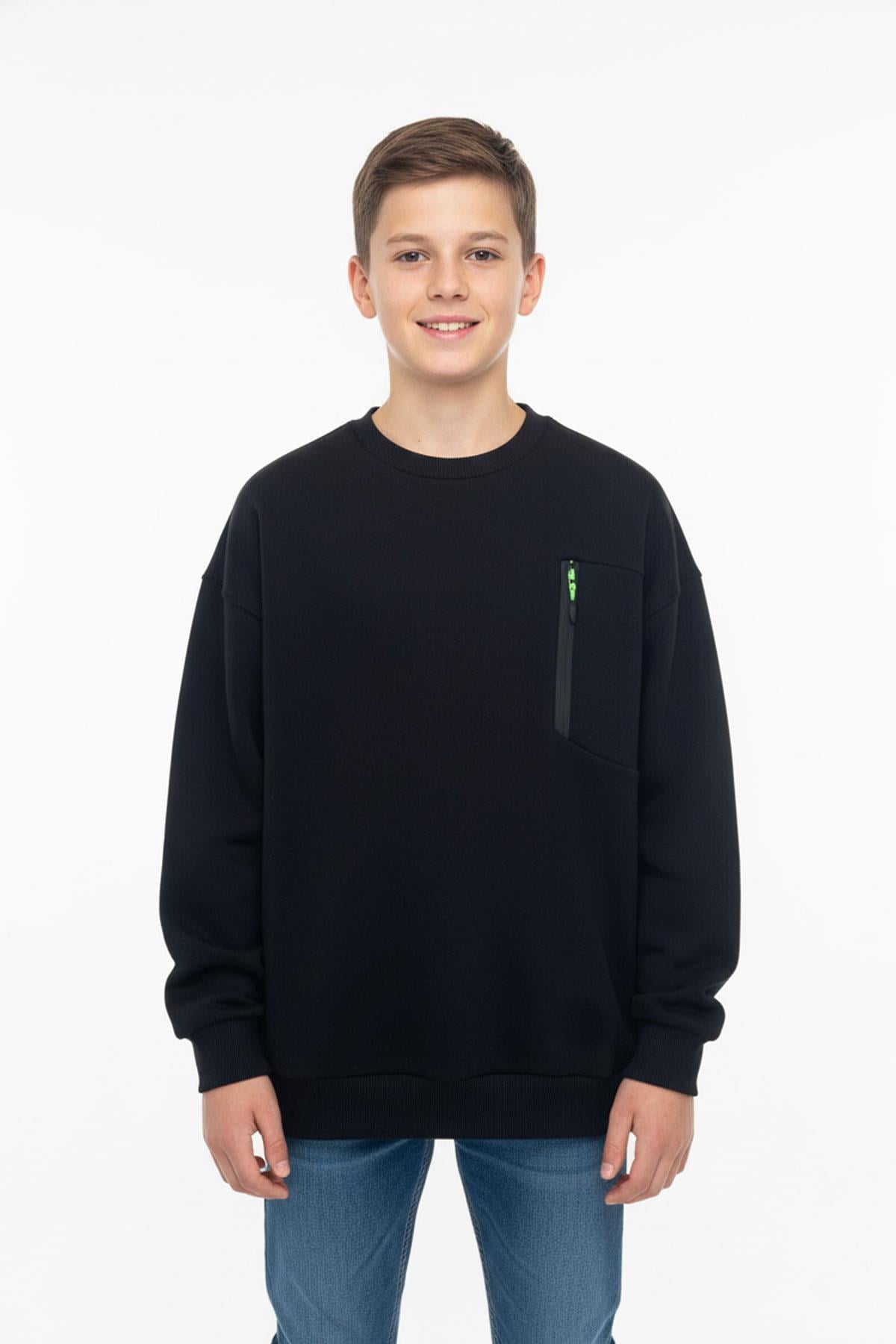 Bisiklet Yaka Cep Fermuar Detaylı Erkek Çocuk Sweatshirt