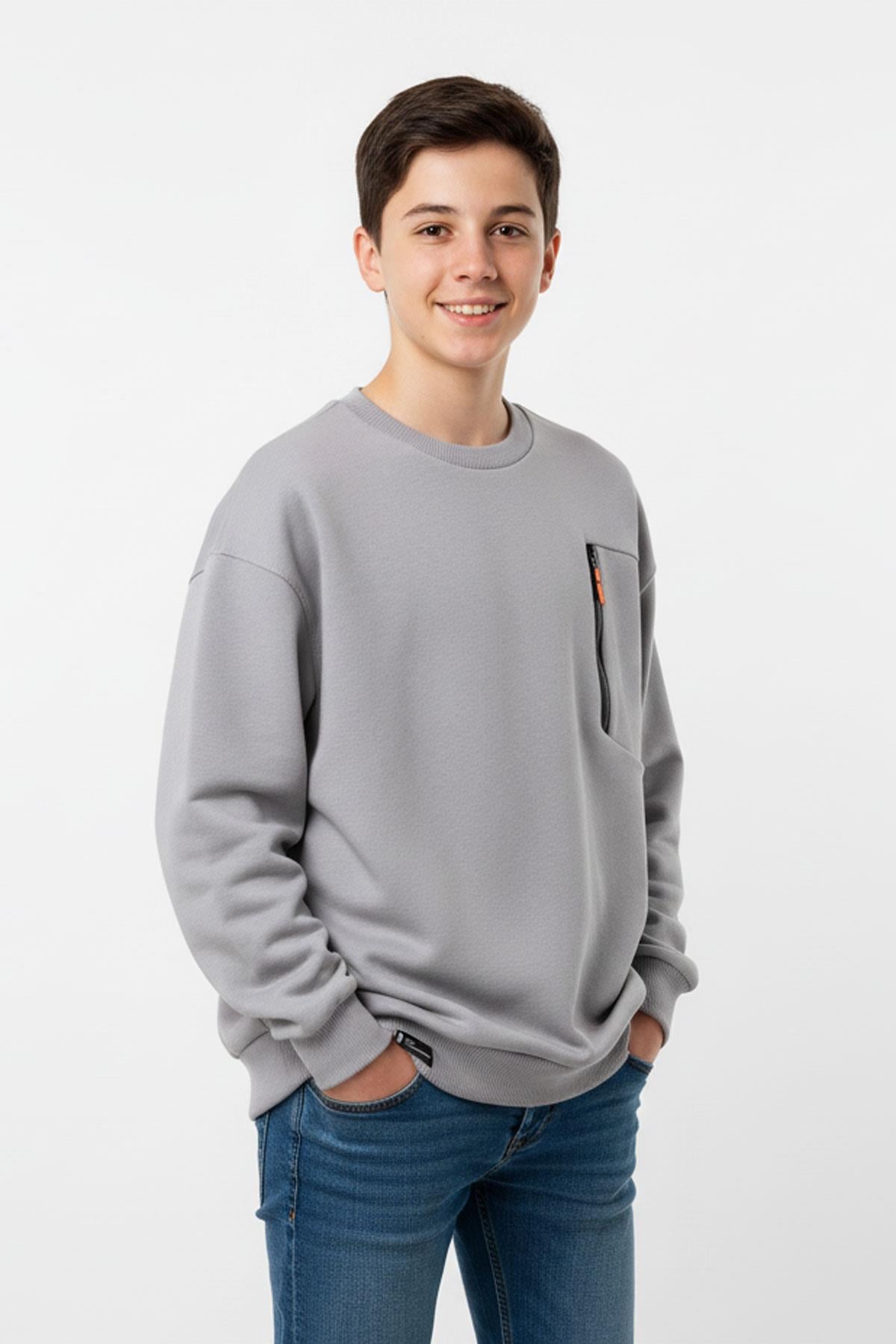Bisiklet Yaka Cep Fermuar Detaylı Erkek Çocuk Sweatshirt