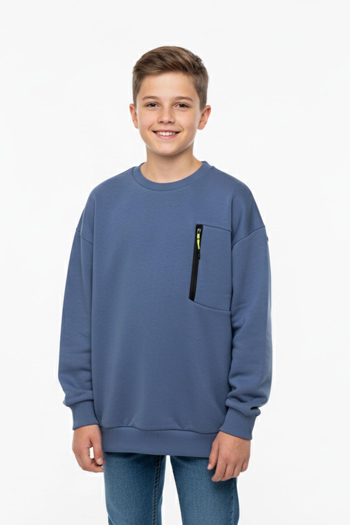 Bisiklet Yaka Cep Fermuar Detaylı Erkek Çocuk Sweatshirt