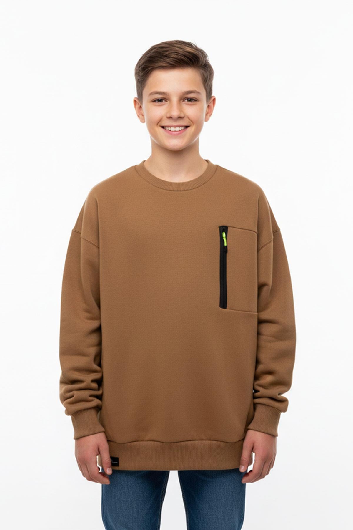 Bisiklet Yaka Cep Fermuar Detaylı Erkek Çocuk Sweatshirt