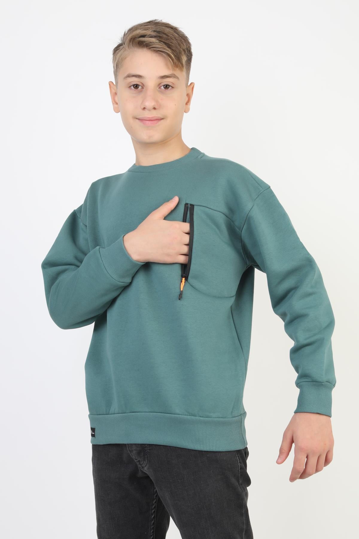Bisiklet Yaka Cep Fermuar Detaylı Erkek Çocuk Sweatshirt