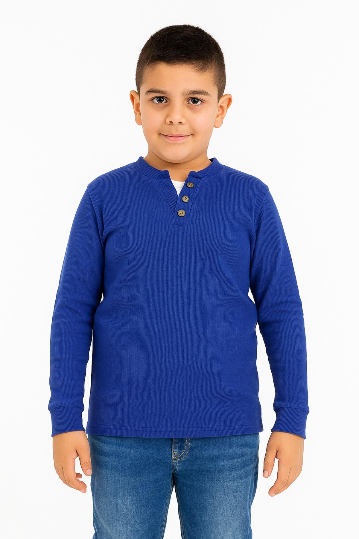 Düğme Detaylı Mevsimlik Uzun Kollu Kaşkorse Kumaş Sweatshirt Mavi Renk Erkek Çocuk