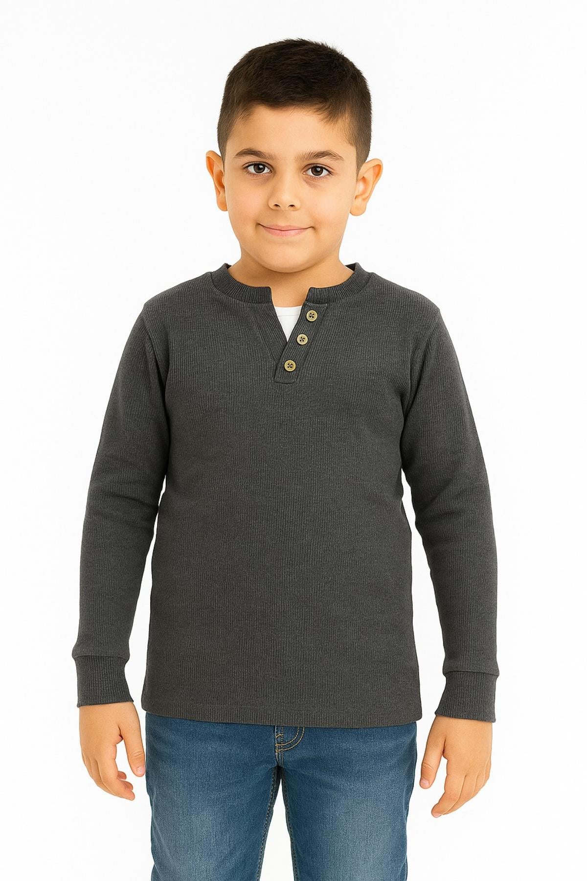 Düğme Detaylı Mevsimlik Uzun Kollu Kaşkorse Kumaş Sweatshirt Füme Renk Erkek Çocuk