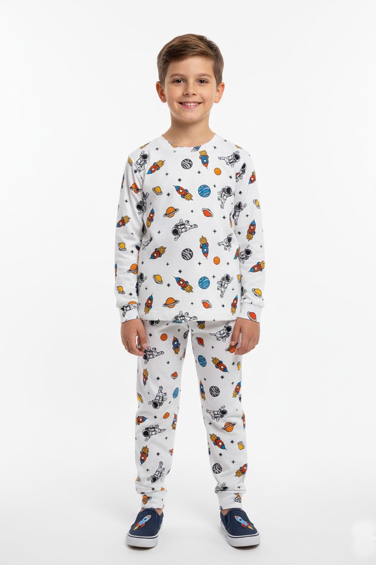 Erkek Çocuk Uzay Desenli Pamuklu Mevsimlik Pijama Takımı