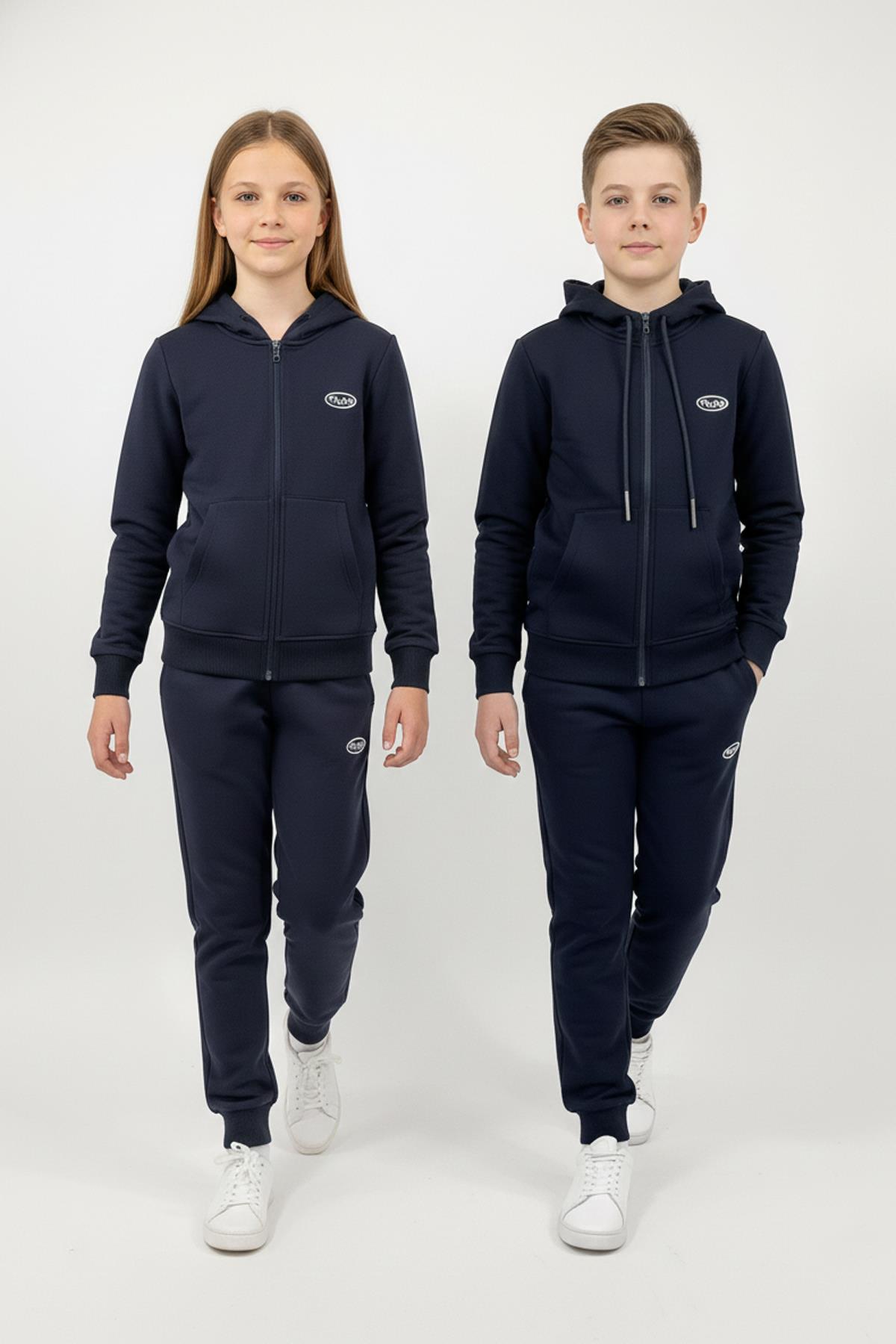 Fermuarlı Kapüşonlu Cepli Unisex Çocuk Eşofman Takımı