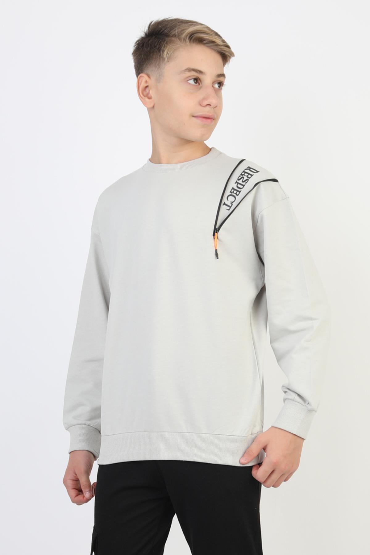 Fermuarlı Respect Baskılı Gri Erkek Çocuk Sweatshirt