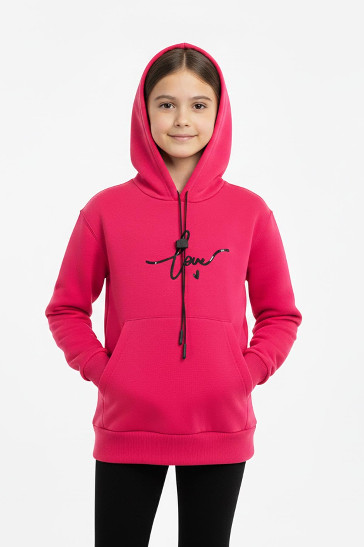 Kapşonlu Love Baskılı Kanguru Cepli Kız Çocuk Sweatshirt
