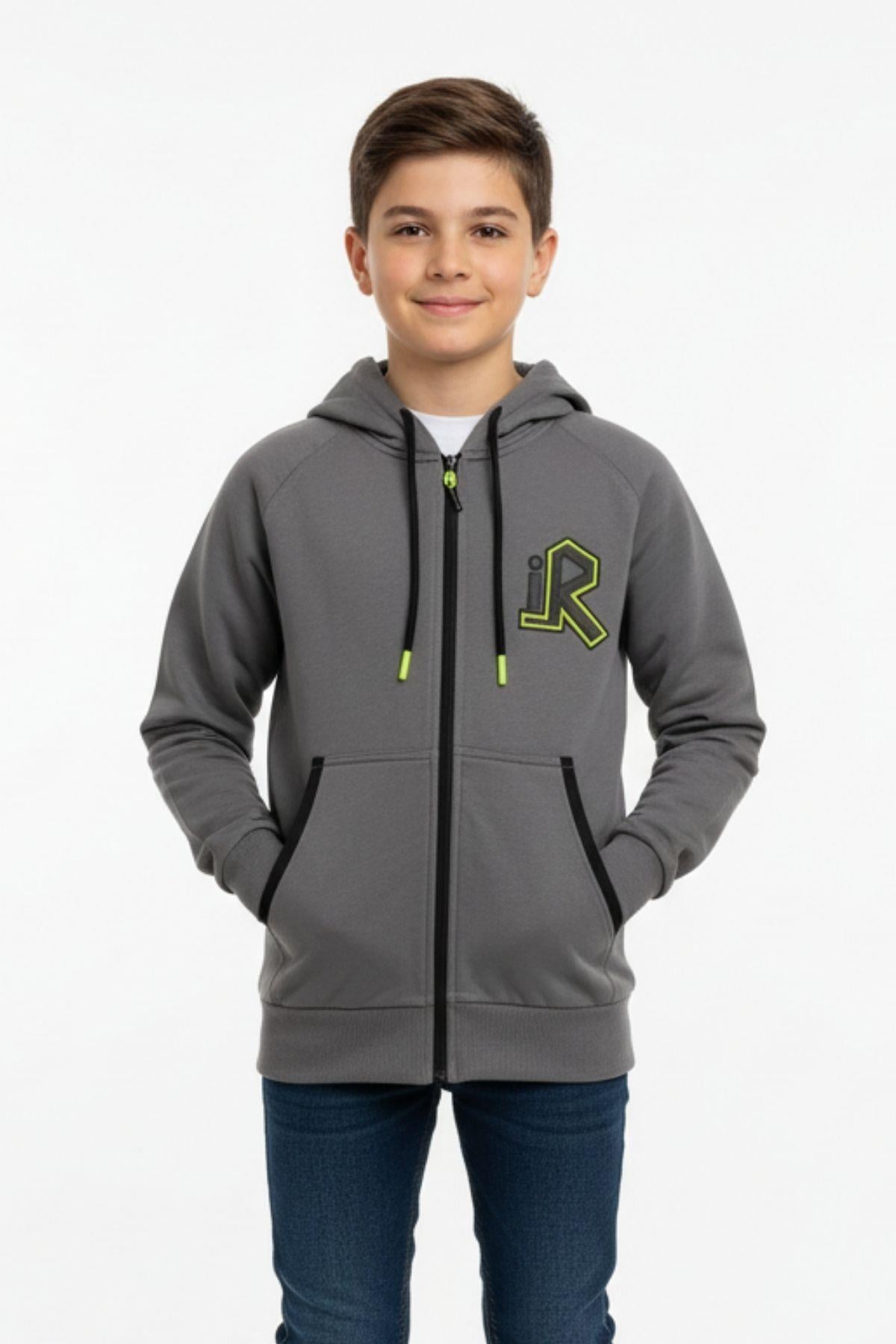 Kapüşonlu Fermuarlı Yandan Cepli Baskılı %100 Pamuk 2 İplik Mevsimlik Erkek Çocuk Sweatshirt