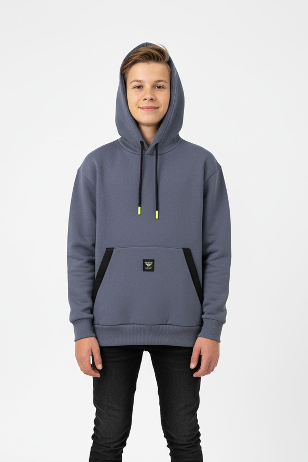Kapüşonlu Kanguru Cepli Detaylı Şardonlu 100% Pamuk 3 İplik Erkek Çocuk Sweatshirt