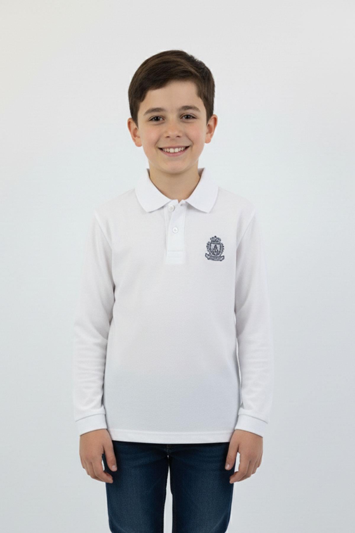 Nakışlı Basic Polo Yaka Beyaz Erkek Çocuk Sweatshirt