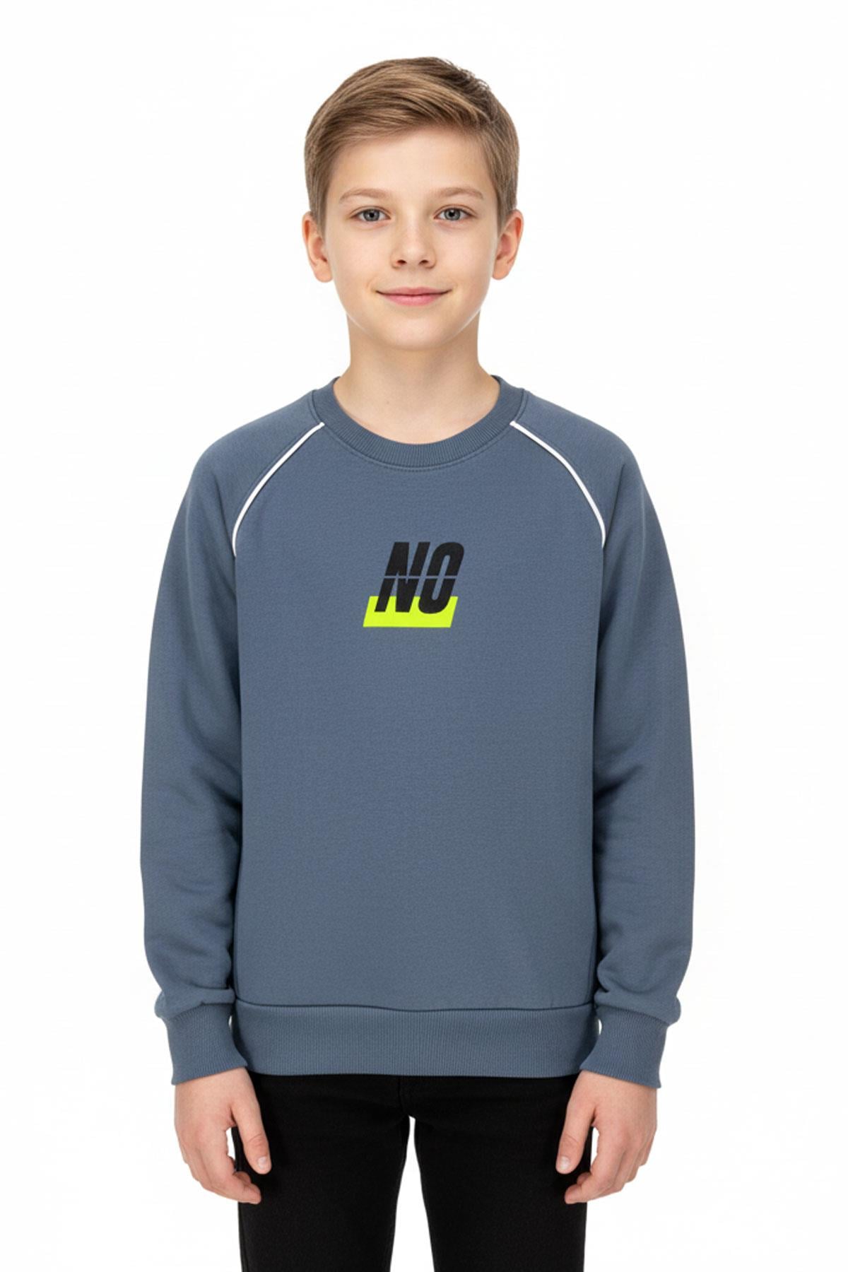 No Baskılı Kapşonsuz Rahat İndigo Renk Erkek Çocuk Sweatshirt