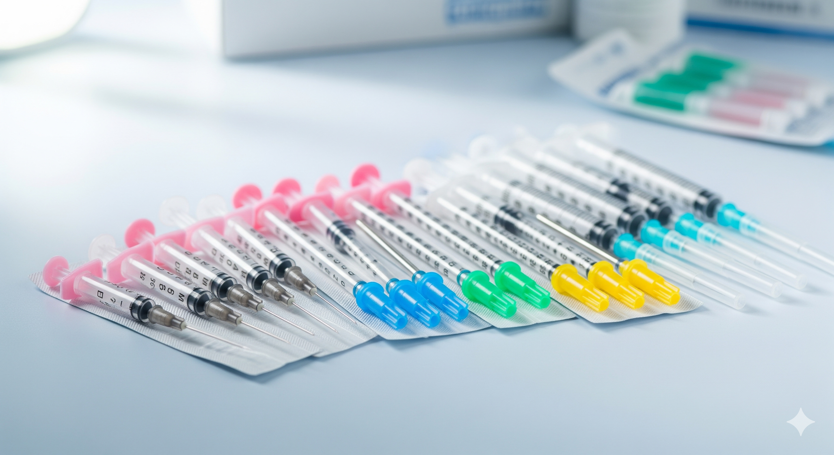 Veteriner ve klinik kullanımı için çeşitli boyutlarda renk kodlu enjektör iğne uçları set