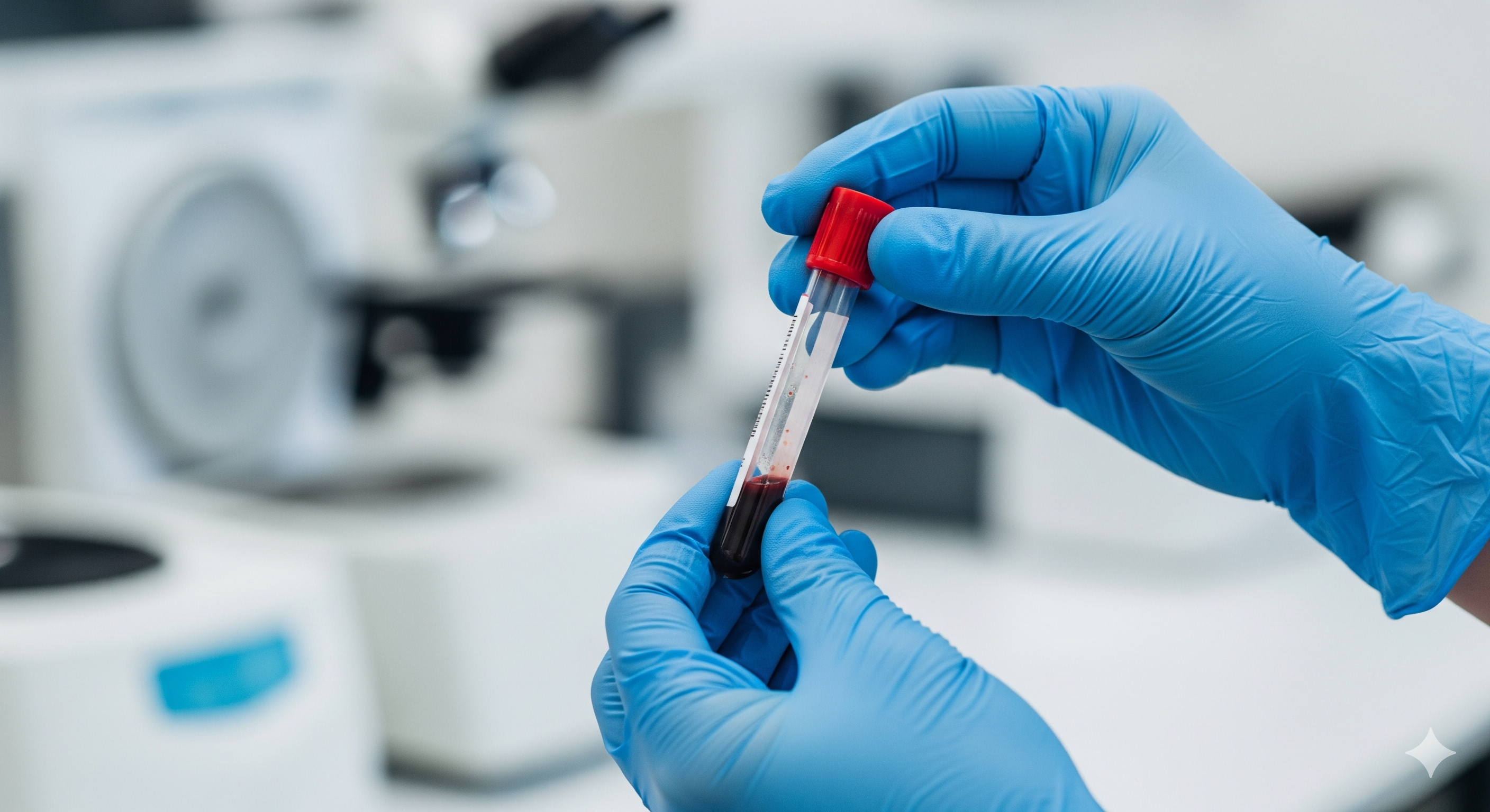 Laboratuvar ortamında hemoliz riskini önlemek için kullanılan vakumlu kan alma tüpü ve mavi eldivenli sağlık personeli