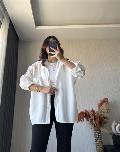 Düşük Omuzlu Oversize Gömlek | Beyaz