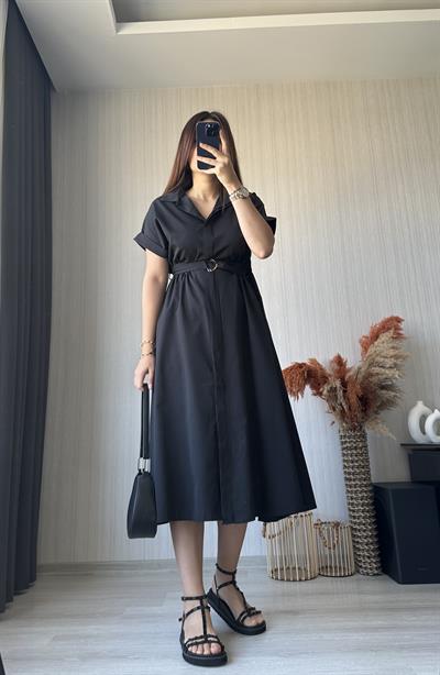 Kemerli Poplin Elbise | Siyah
