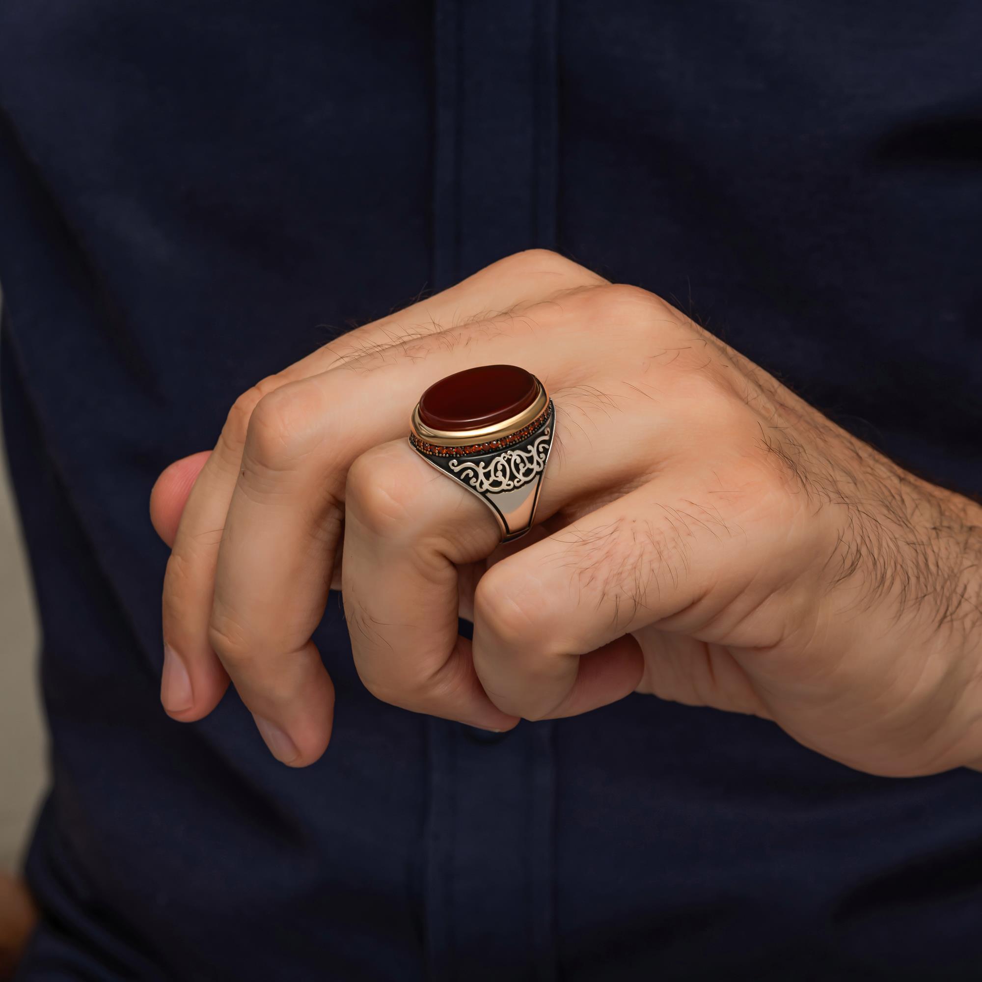Akik Oval Taşlı 925 Erkek Gümüş Yüzük