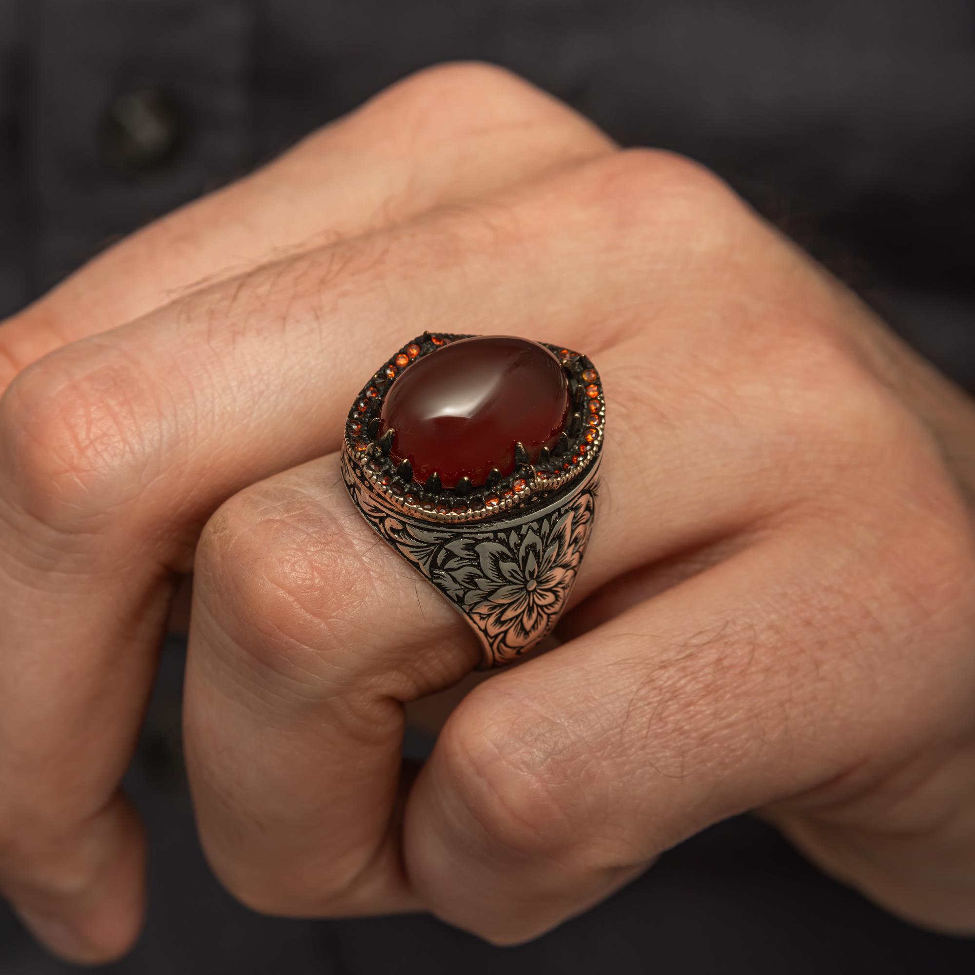Akik Taşlı Kakma Oyma Motif 925 Gümüş Erkek Yüzük