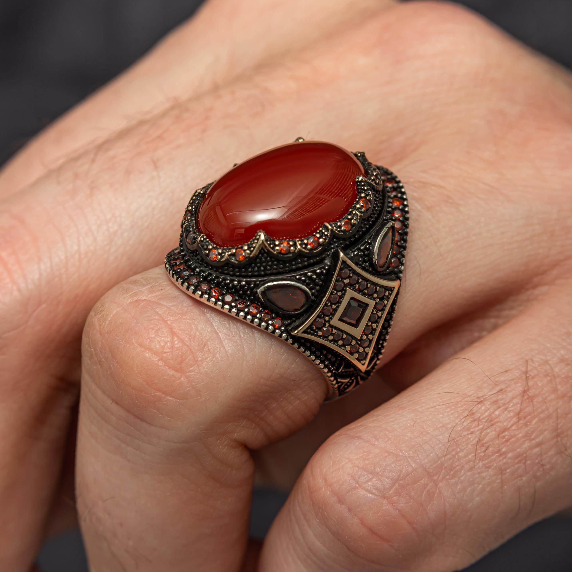 Akik Taşlı Oval 925 Gümüş Erkek Yüzük
