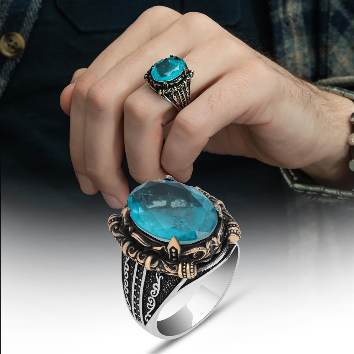 Aqua Mavi Paraiba Oval 925 Gümüş Erkek Yüzük