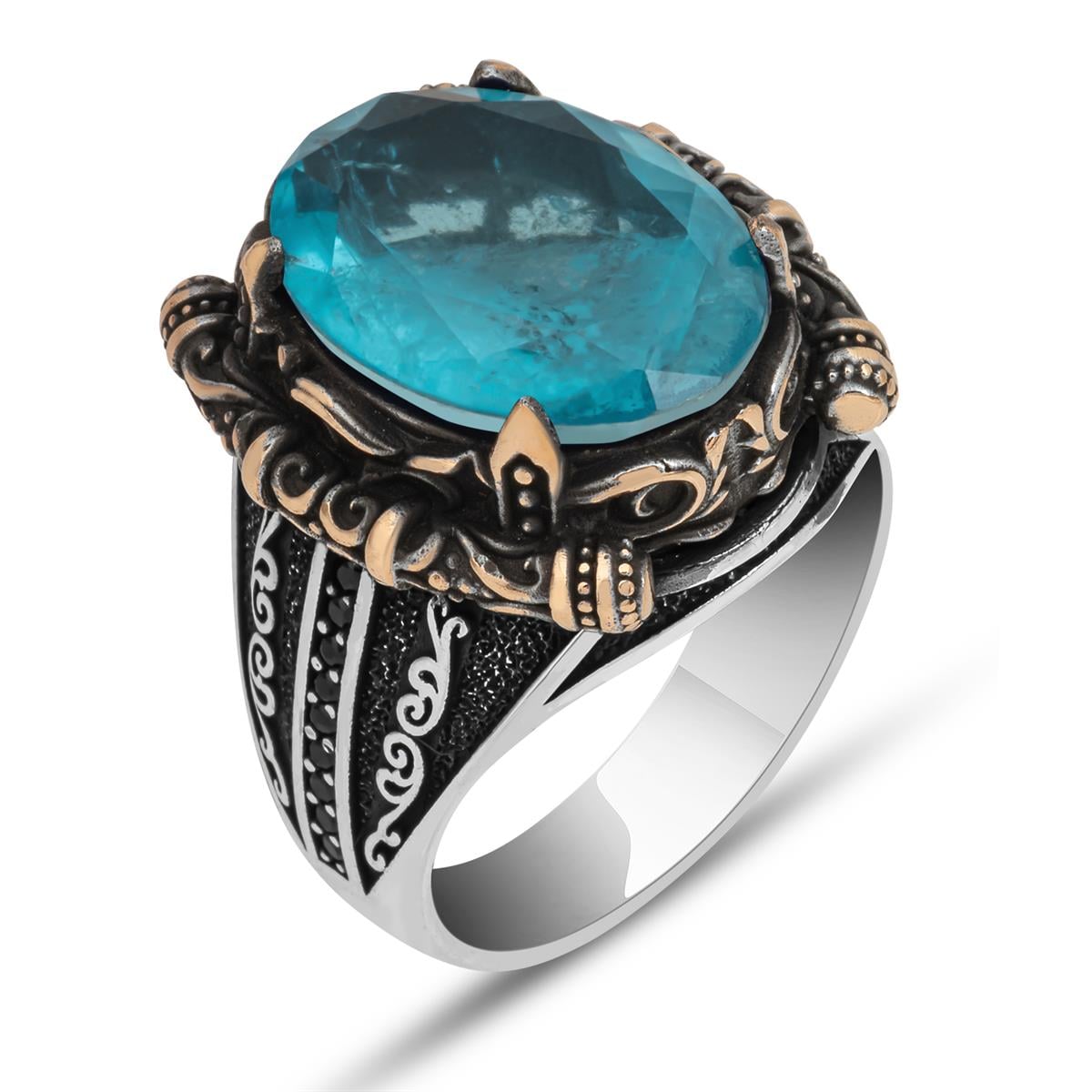 Aqua Mavi Paraiba Oval 925 Gümüş Erkek Yüzük