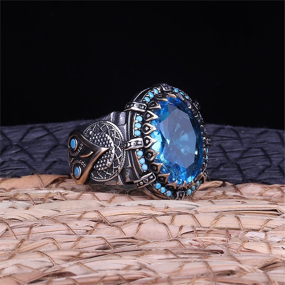 Oval Aqua Taşlı 925 Gümüş Erkek Yüzük