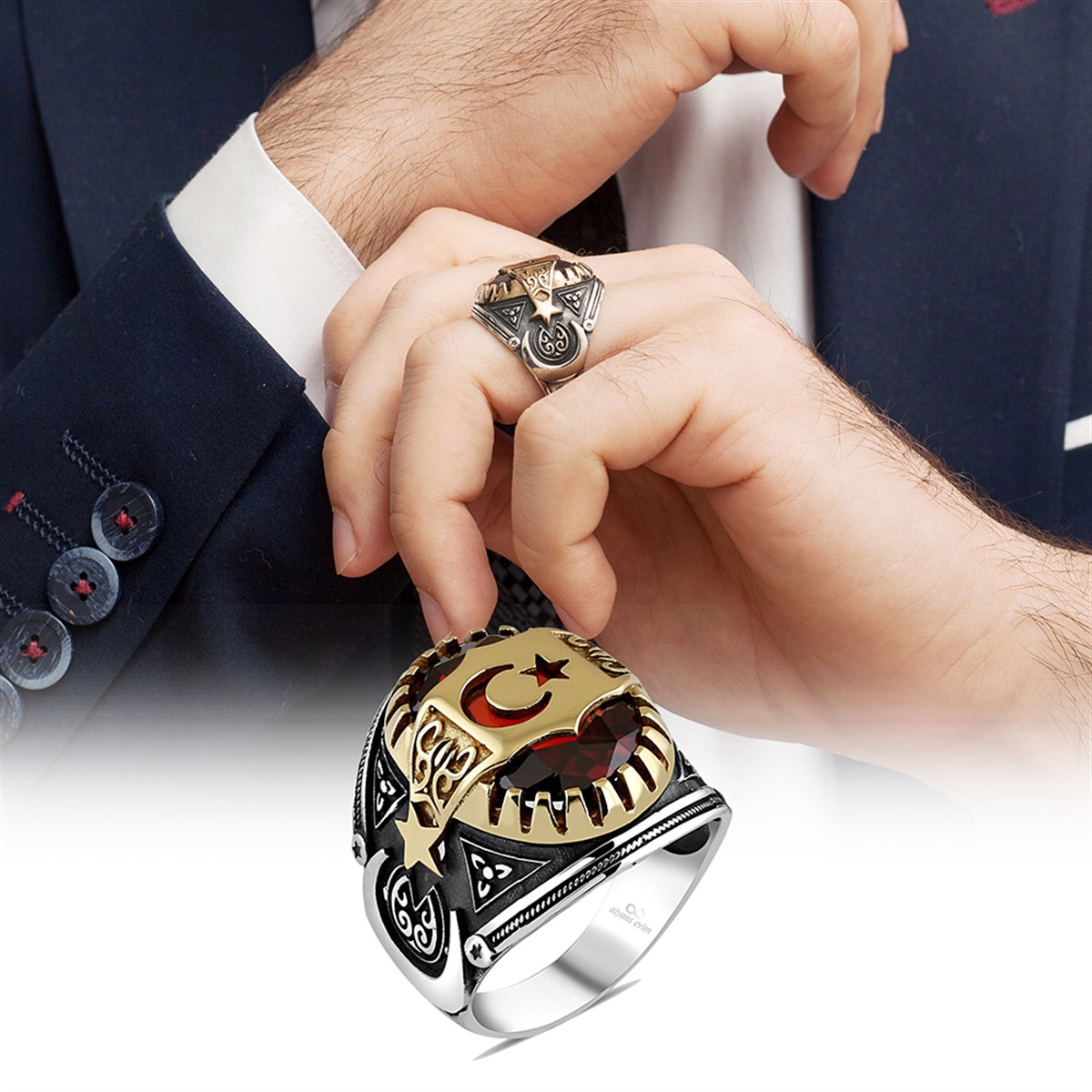 Ayyıldız Desenli Gümüş Erkek Yüzük