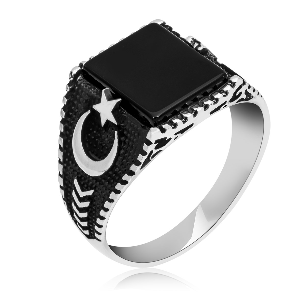 Ayyıldız Motifli Kare Siyah Oniks Taşlı 925 Gümüş Erkek Yüzük