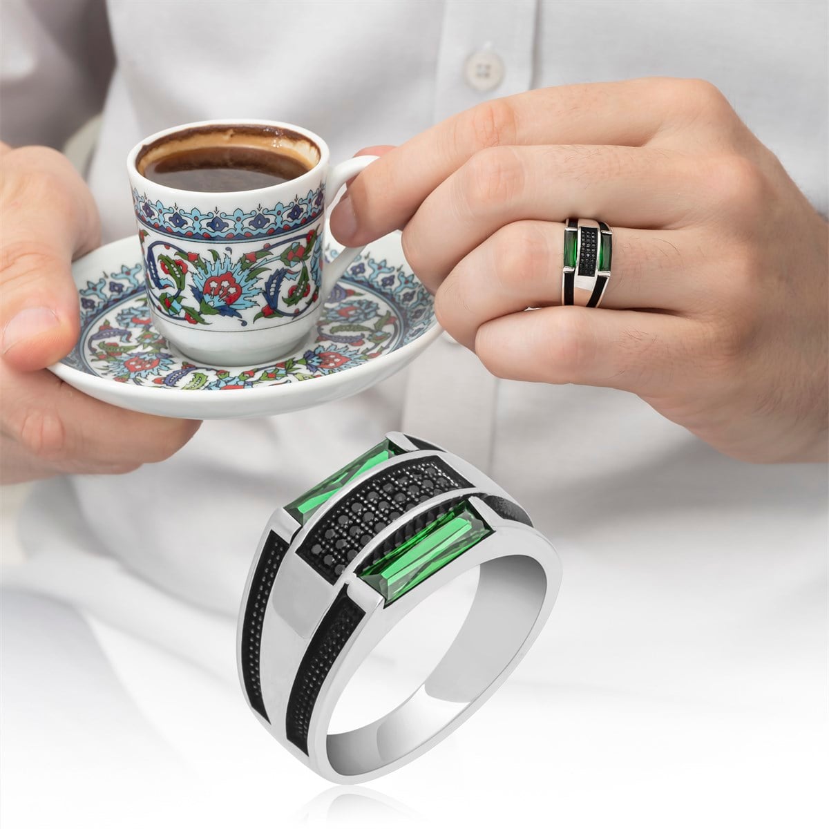 Baget Yeşil Taşlı 925 Gümüş Erkek Yüzük