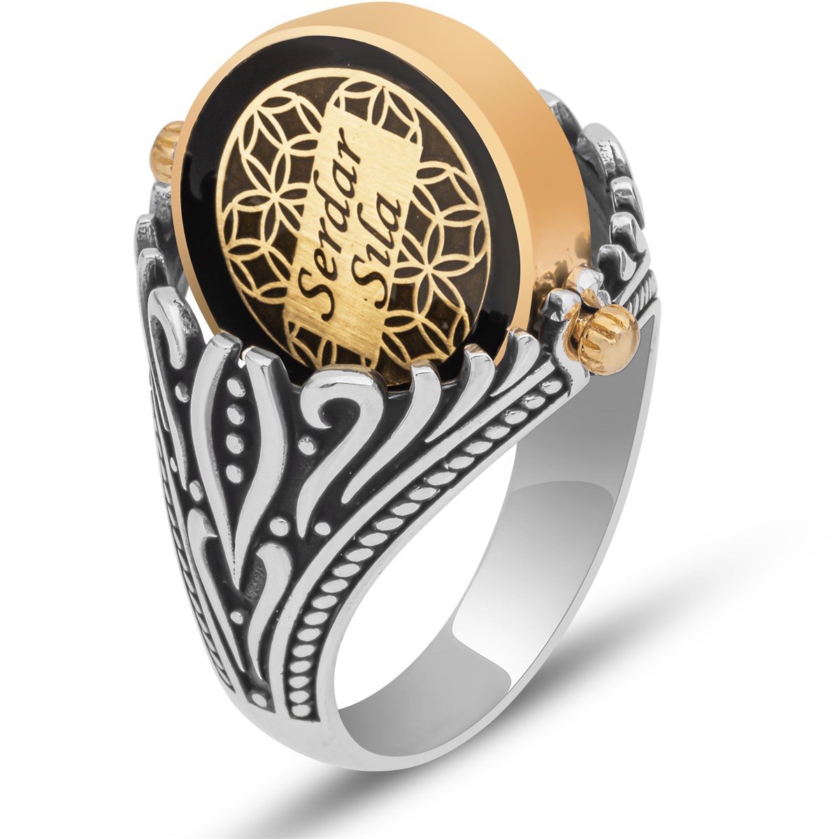 Çift Taraflı Mineli İsimli 925 Gümüş Erkek Yüzük