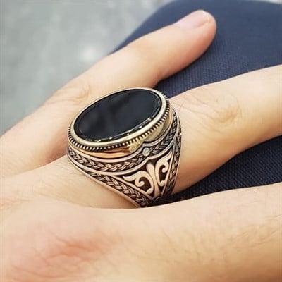 Gümüş Oval Oniks Taşlı  Erkek Yüzük