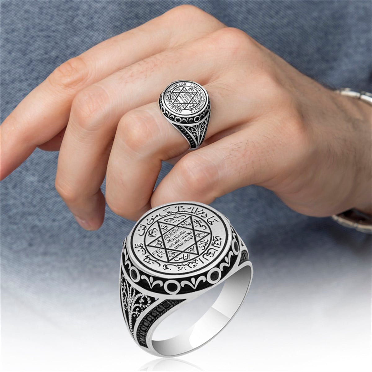 Hz. Süleyman Mührü İşlemeli 925 Gümüş Erkek Yüzük