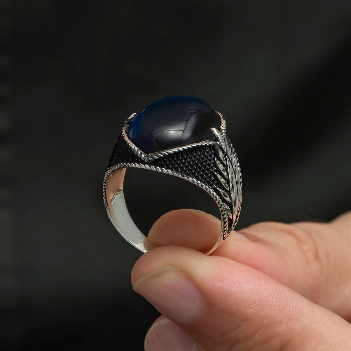 Mavi Kaplan Gözü Taşlı Oval 925 Gümüş Erkek Yüzük