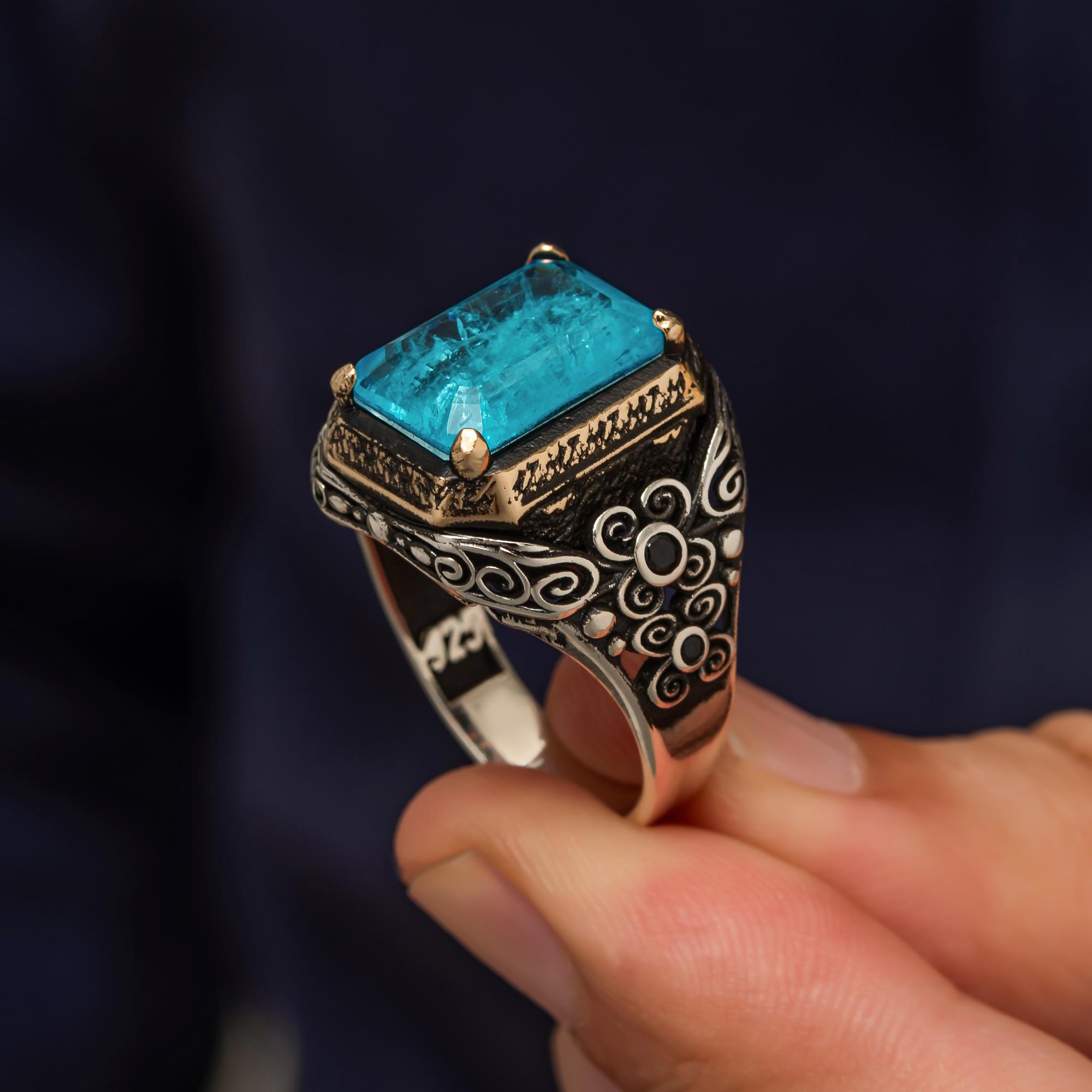 Mavi Paraiba Taşlı Kare 925 Gümüş Erkek Yüzük